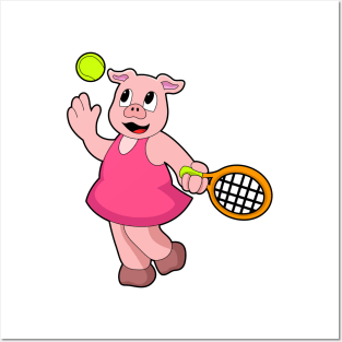 Pig at Tennis with Tennis racket Posters and Art